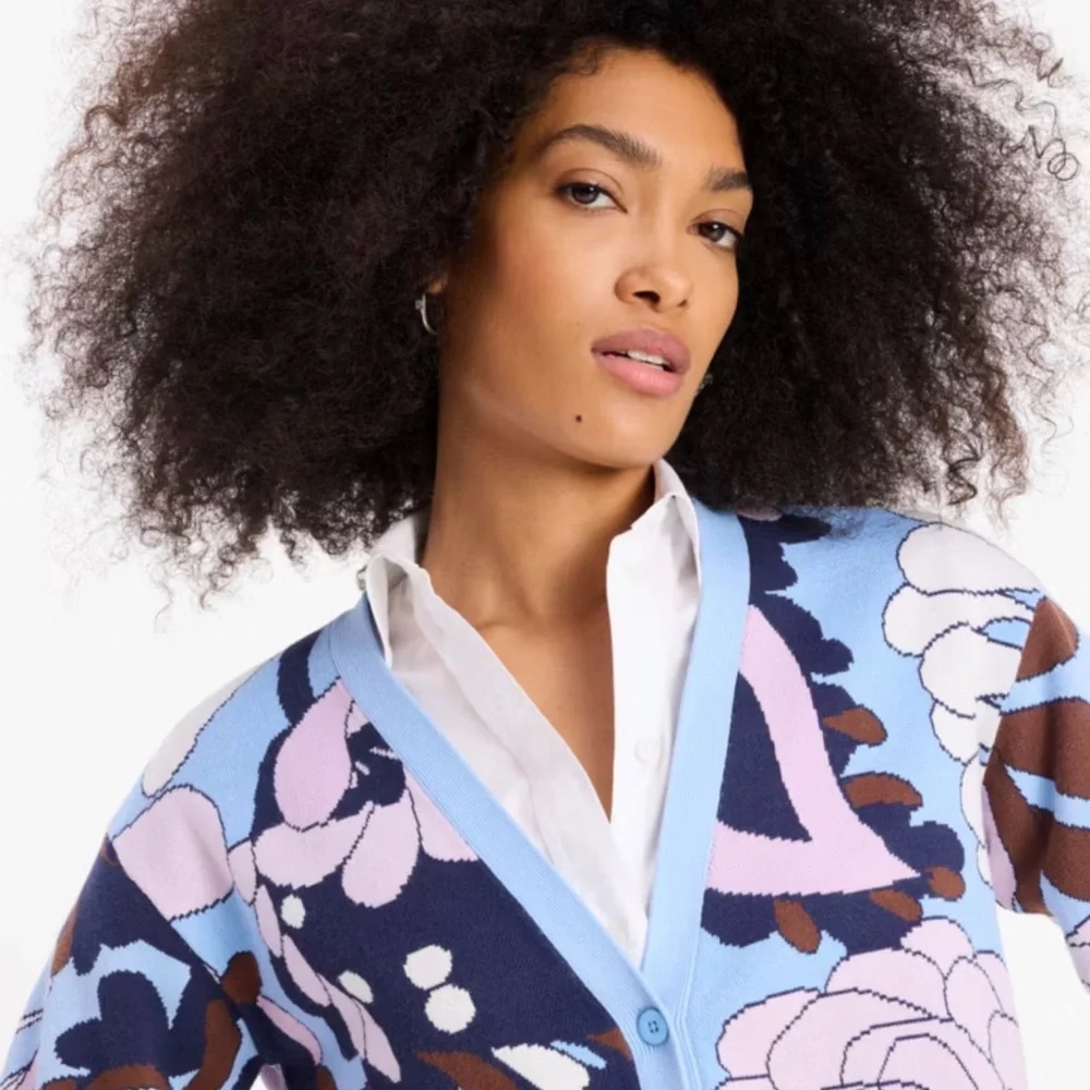 Kate Spade New York‎ $358 Autumn Blue Floral  Paisley V-Neck Knit Cardigan Sz L